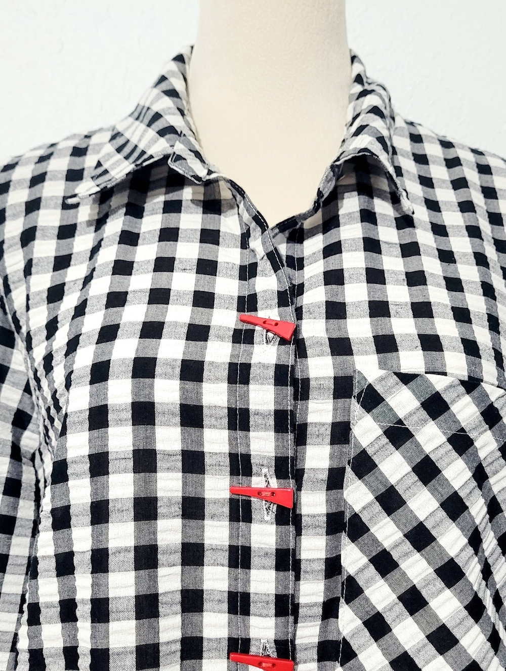 Ali Miles Large Black White Gingham Patchwork Tunic Shirt Artsy Button Top Fun - Picture 3 of 15
